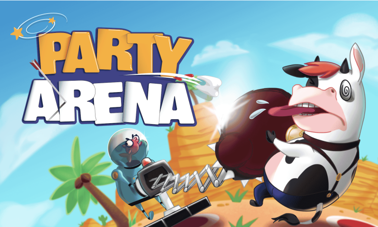 Party arena cartoon game poster featuring a pig and a helicopter with a background of sky and palm trees.