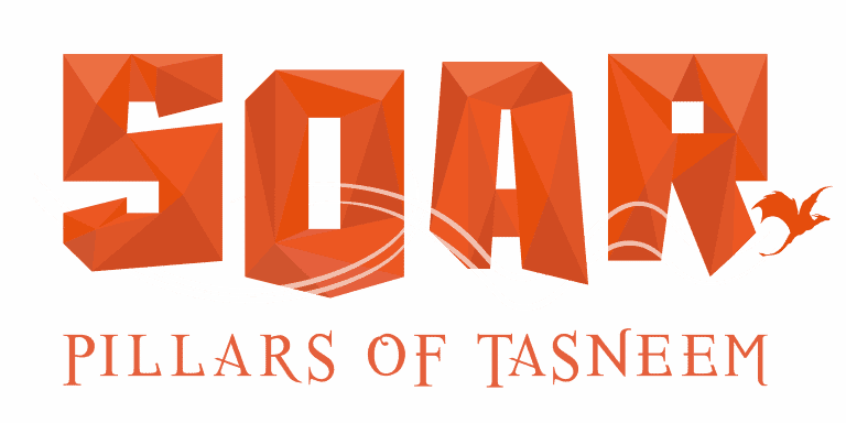 Spirit of the Dragon logo with fiery orange and black geometric design, featuring a silhouette of a dragon intertwined with flowing white lines for Pillars of Tasmine.