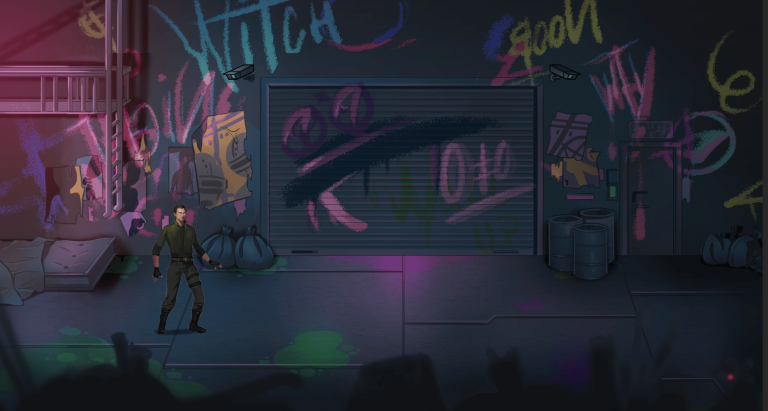 Graffiti-covered alleyway with a character holding a weapon, colourful spray paint art, urban graffiti scene, industrial elements, moody lighting, street art style, cinematic atmosphere.