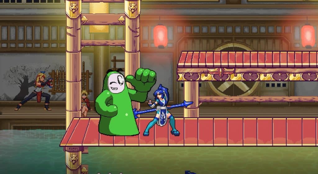Green blob character with eye closed in pixel art style fighting blue warrior on traditional Japanese wooden bridge.