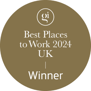 Best places to work 2024 uk award badge with ML Studio logo, professional recognition for creative game development companies in the UK, graphic design, award achievement, branding recognition, digital badge, company excellence.