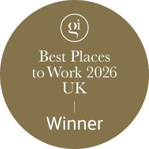 Best Places to Work 2026 UK winner badge with gold background and white text.