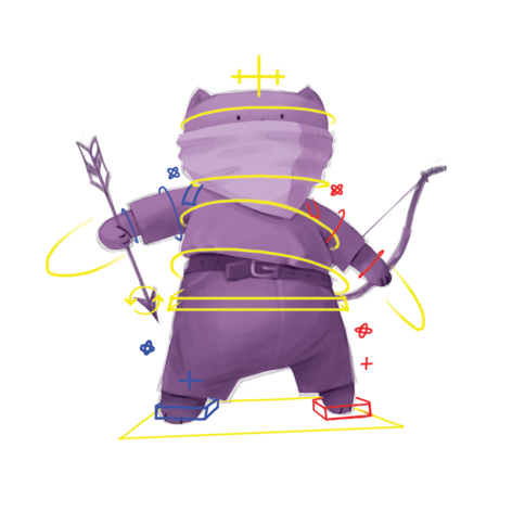 A digital illustration of a cute, chubby purple character resembling a bear with wings, wrapped in yellow wire, standing in front of a vibrant abstract background.