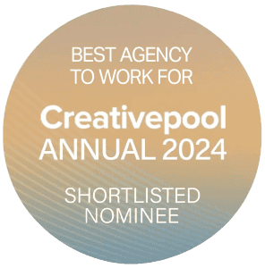 Creative studio award badge for the Creativepool Annual 2024, featuring a gradient colour background with text indicating a shortlisting nomination in the game art and animation industry.