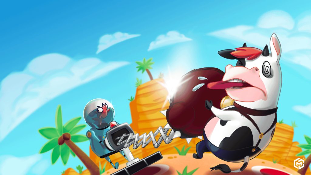 Alien cow character battling a small robot on a tropical island with palm trees, carrots, and a bright blue sky, cartoon style, vibrant colours, playful scene, for game art content.