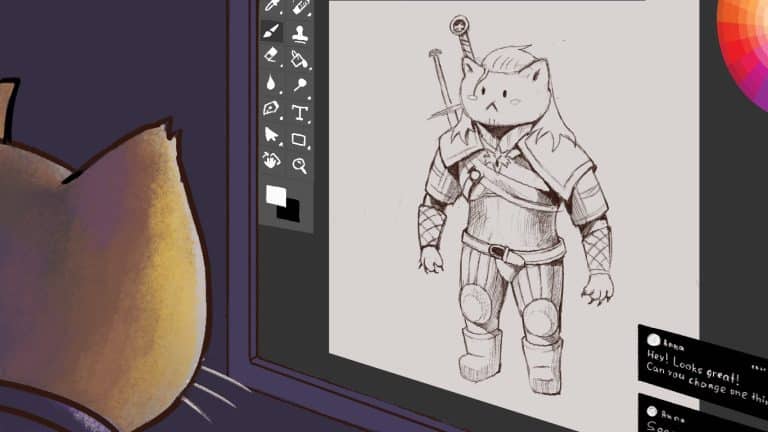 A digital drawing of a fantasy warrior cat character on a computer screen, with drawing tools visible on the side. The character wears armor and wields a sword, with a rough sketch style.