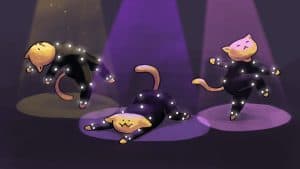 Glowing cats dancing on stage with spotlights and purple background, animated style, playful and whimsical, digital illustration.
