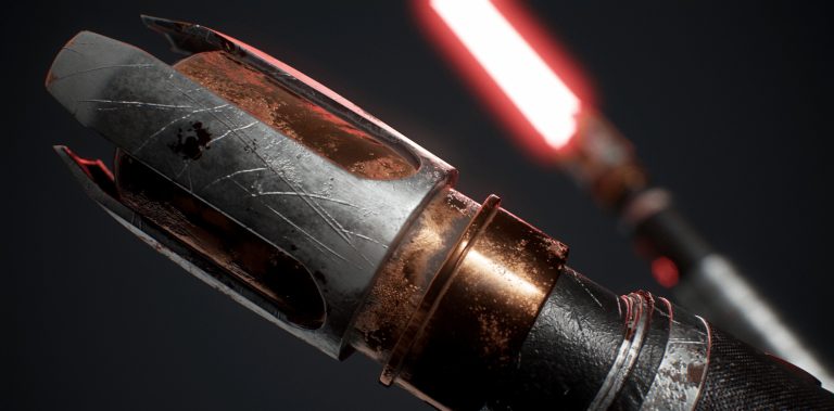 Intergalactic laser sword with metallic weathered surface and glowing red blade, sci-fi weapon for video game artwork, detailed close-up, dark background.