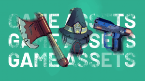 Axe, police hat, and gun against a teal background with "GAME ASSETS" text overlay in white and distressed style, representing game development assets for indie to AA game projects.
