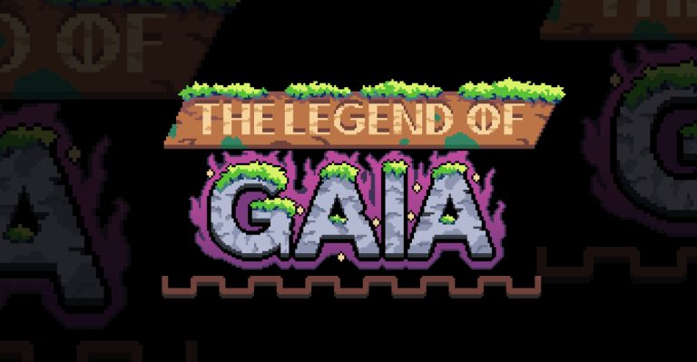 Pixel art title screen featuring "The Legend of Gaya" with vibrant colours, detailed fantasy-themed background, and a retro gaming style. Perfect for indie game marketing and promotional content.