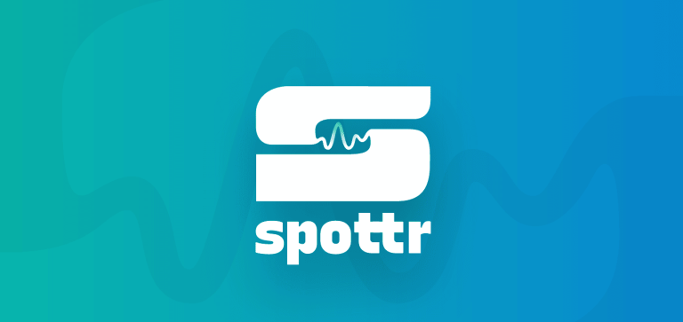Spottr logo with stylised 'S' and wave imagery on a gradient blue background, representing audio or heartbeat themes.