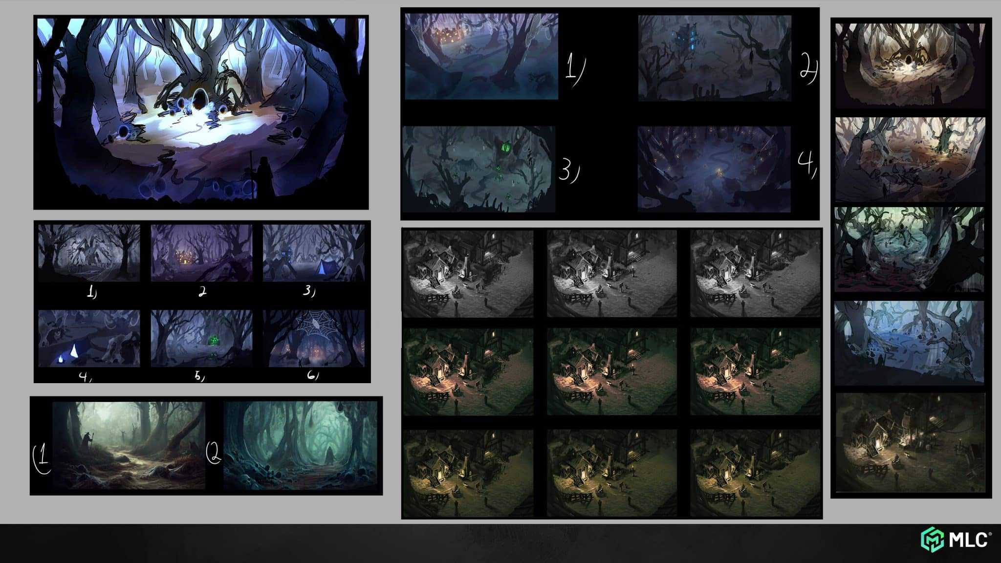 Underworld forest with eerie blue lighting, twisted trees, supernatural creatures, and a mysterious figure observing from the shadows.