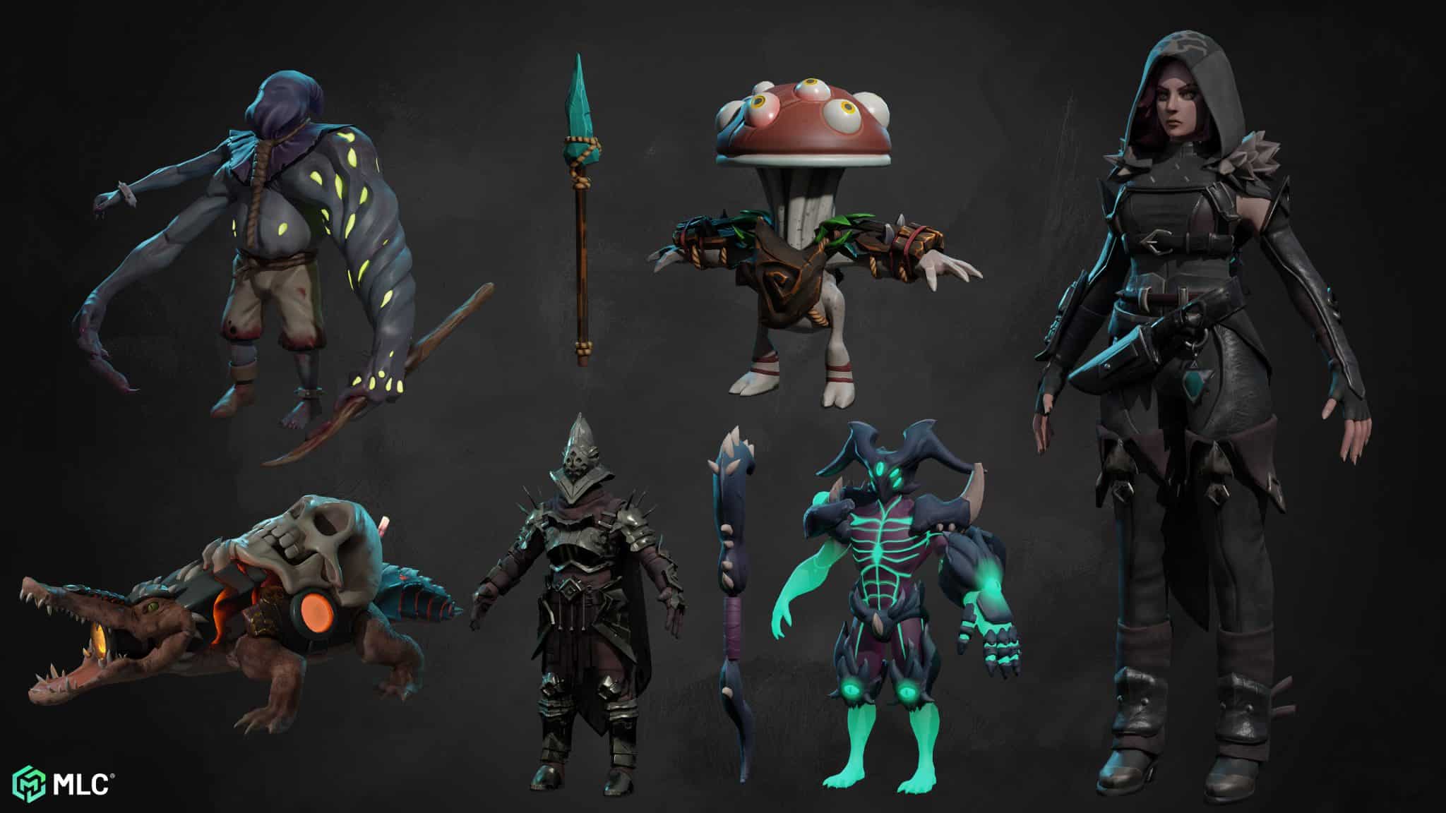 Robotic evolution game characters with fantasy monsters and warriors for game art design.