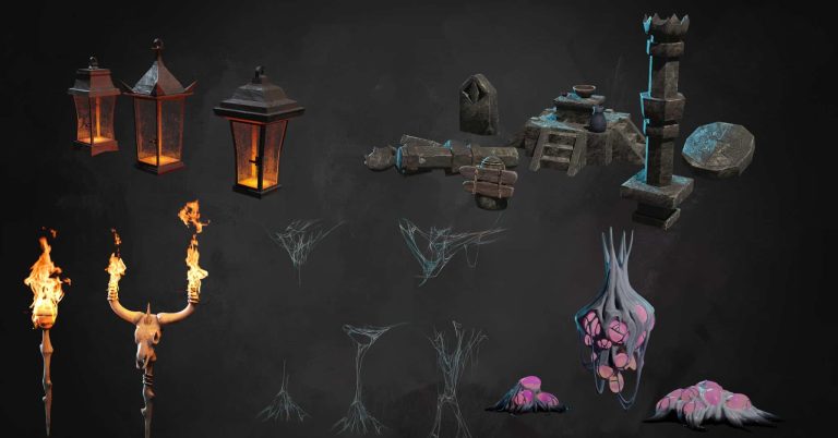 Lanterns with warm glowing lights in a dark setting, detailed 3D game art models for fantasy environments, with stone and wooden textures, suitable for game development.