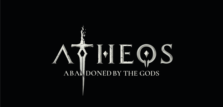 Lus de i tàctiques de la deïtat, una espasa creuada, i la paraula "Atheos" en un fons negre, amb el text "Abandoned by the gods" en blanc en un disseny de videojoc medieval fosc.