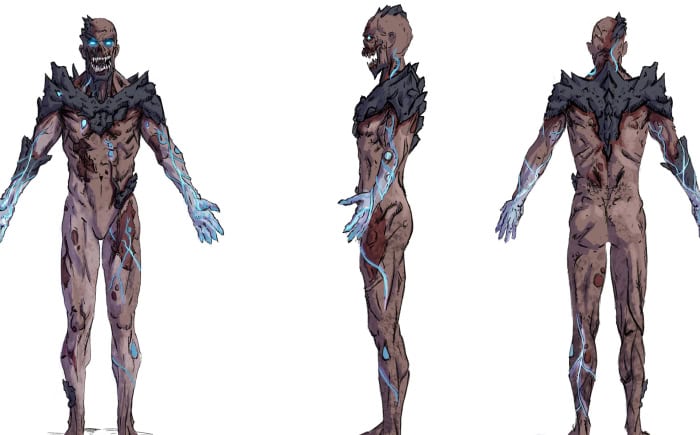 Electrified zombie character design with glowing blue veins, tattered dark clothing, and menacing expression, shown from front, side, and back views for game art and animation projects.