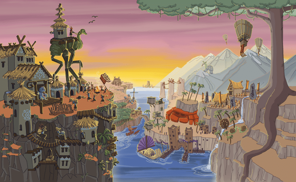 Vibrant fantasy landscape featuring floating islands, waterfalls, mountains, and medieval-style structures with hot air balloons, dragons, and explorers at sunset in a whimsical, animated style.