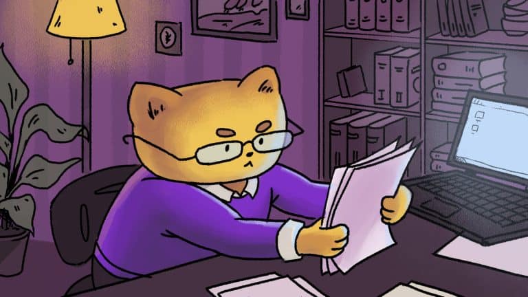 Cat character reading documents in an office, cartoon style, with computer and bookshelf in the background, warm lighting, purple walls, detailed illustration.