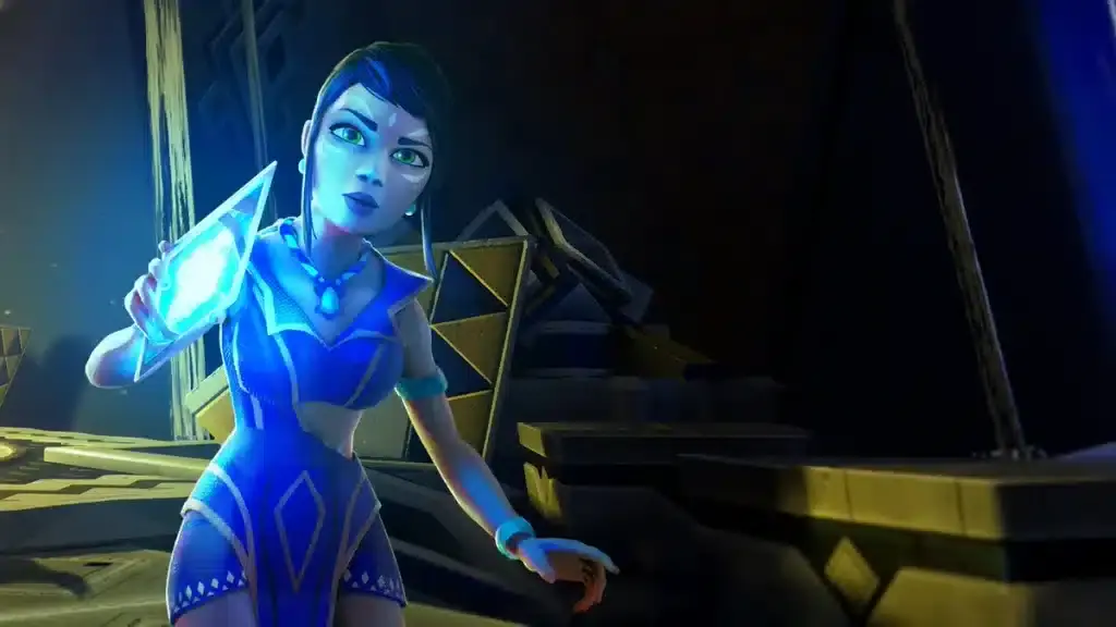Blue-haired female game character holding a glowing weapon in a sci-fi environment.