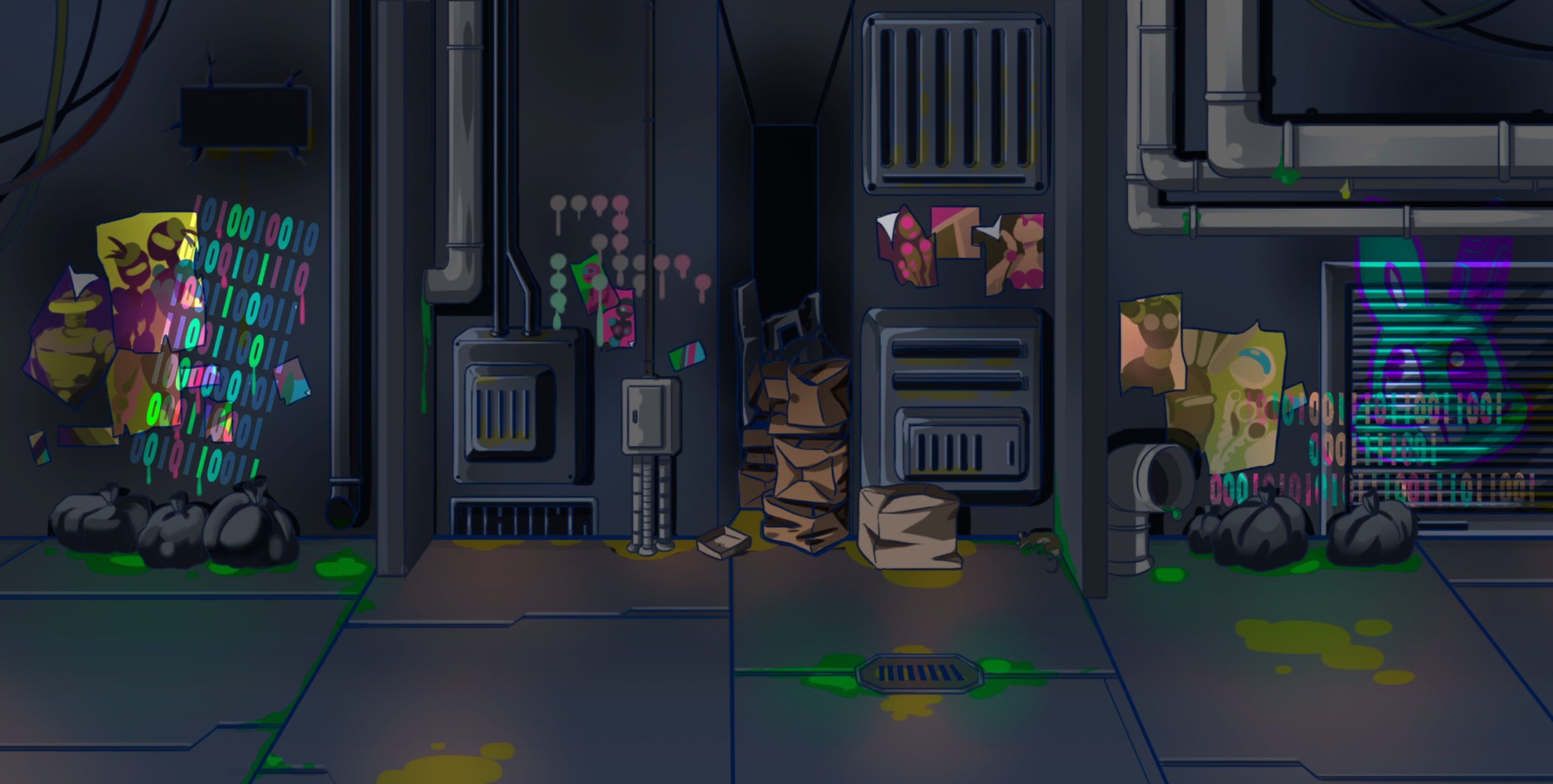 Clean futuristic alleyway with grungy walls, scattered garbage bags, colourful graffiti, and glowing neon signs in a cyberpunk style for an indie game art project.