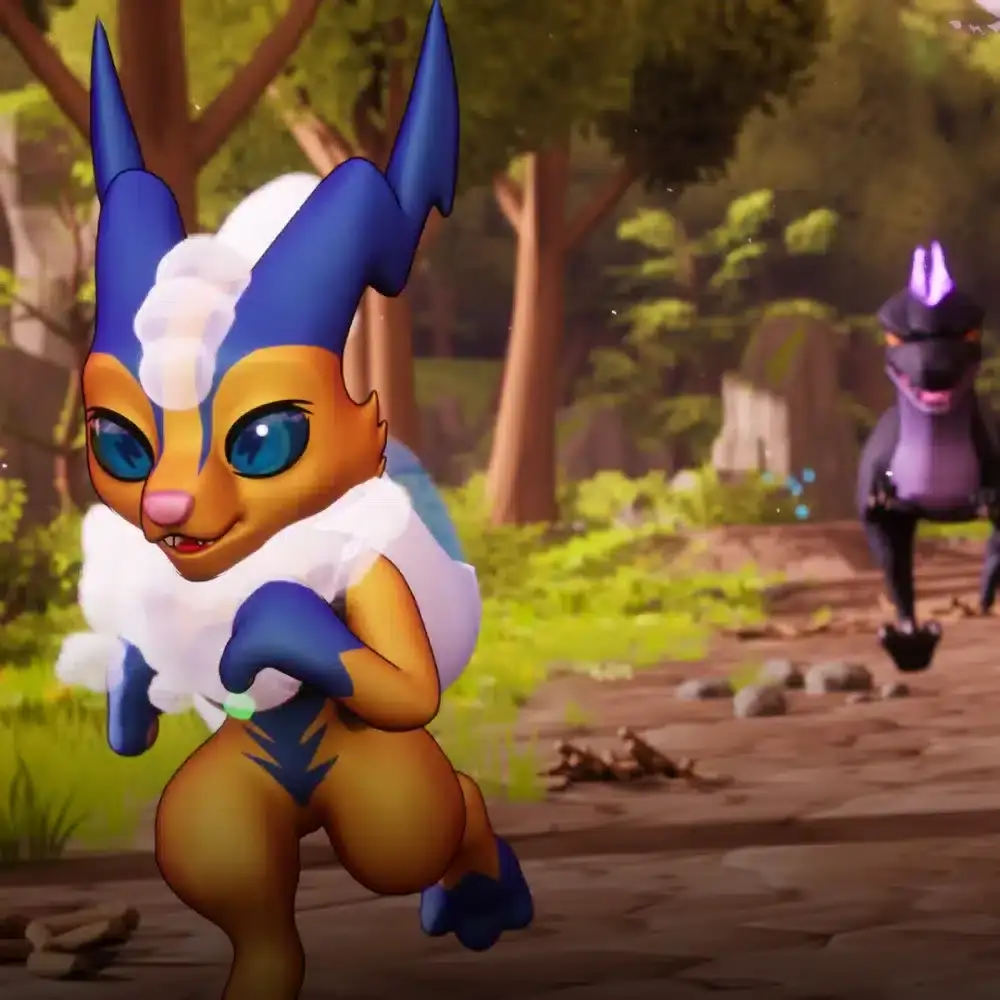 3D animated fantasy creature running through a forest scene with trees and rocks in the background during daytime.
