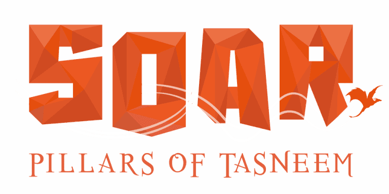 50 Pillars of Tasneem logo with bold 3D text and a small dragon illustration, representing a fantasy game or brand concept.
