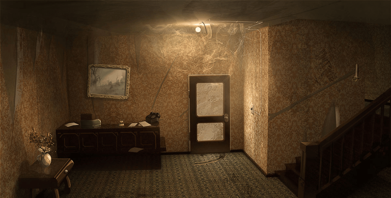 Old-fashioned dimly lit hallway with vintage wallpaper, smoke, and scattered papers creating an eerie atmosphere, featuring a staircase and a door with frosted glass.