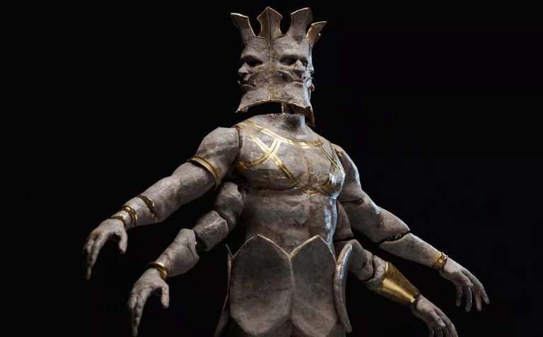 Intricate fantasy creature with multiple arms, stone-like skin, and gold accents, wearing a detailed, regal armour and crown, set against a black background.
