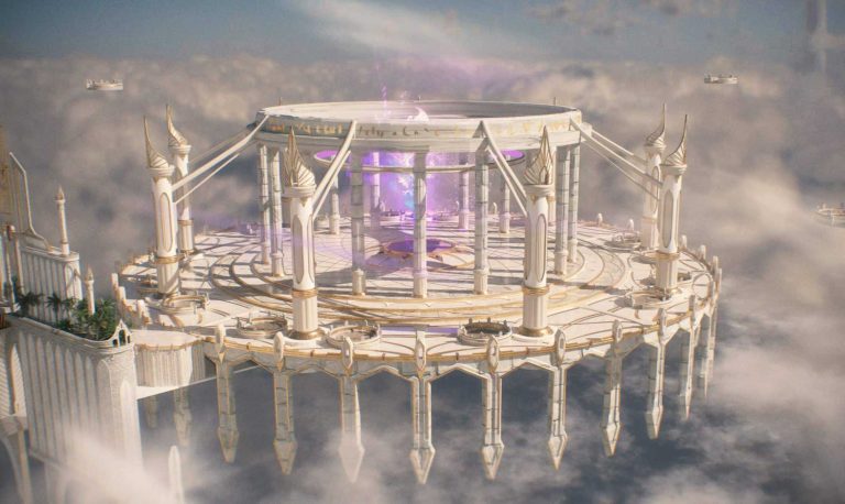 Floating palace with golden accents and tall spires, surrounded by clouds, illuminated by purple and pink energy, showcasing fantastical architecture in the sky.