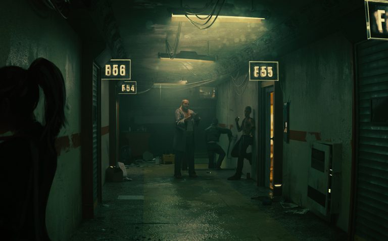 A dimly lit underground corridor with graffiti and debris, featuring four characters in tense stances. The scene suggests a narrative for a gritty, dystopian or post-apocalyptic game setting.