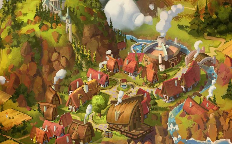 Landschaftliches Dorf in einem malerischen, naturnahen Tal mit Flüssen, Wasserfällen, Hütten und Wäldern, im handgezeichneten, fantasy Art Stil, idyllischer, ruhiger und geheimnisvoller Dorfansicht, kreative Szene, im Animationstil.