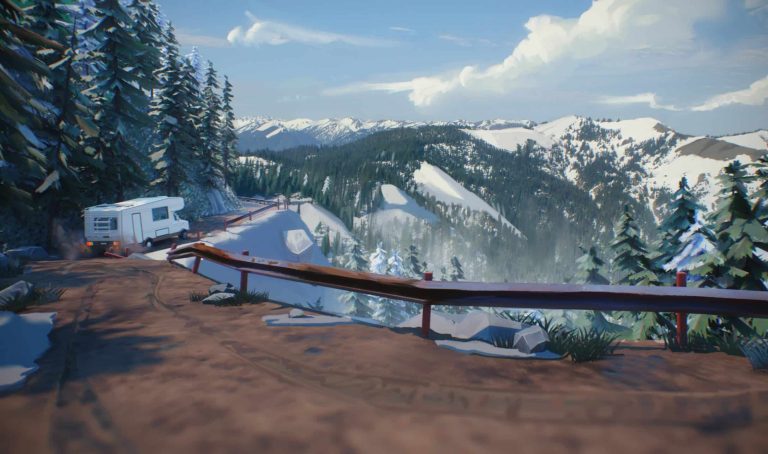 Sleeping caravan parked on snowy mountain road amidst evergreen trees with mountain range in the background and cloudy sky, winter landscape, 3D animated style.
