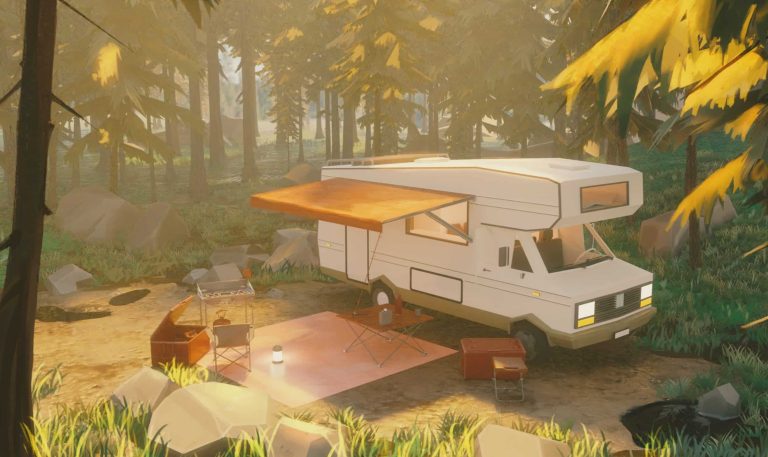 A stylized 3D digital scene of a campervan set in a forest clearing, with camping gear, a small table, chair, and warm lighting, creating a cozy outdoor camping atmosphere during the daytime.