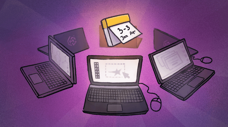 Laptops and a tablet on a desk with sketching and design tools, illustrating a creative workspace for game art and animation development.