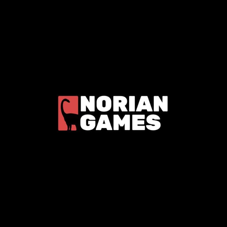 Norian_games_logo_black_silhouette_dinosaur_with_text_second_square_red_background_game_developer_logo_mlc_studio.