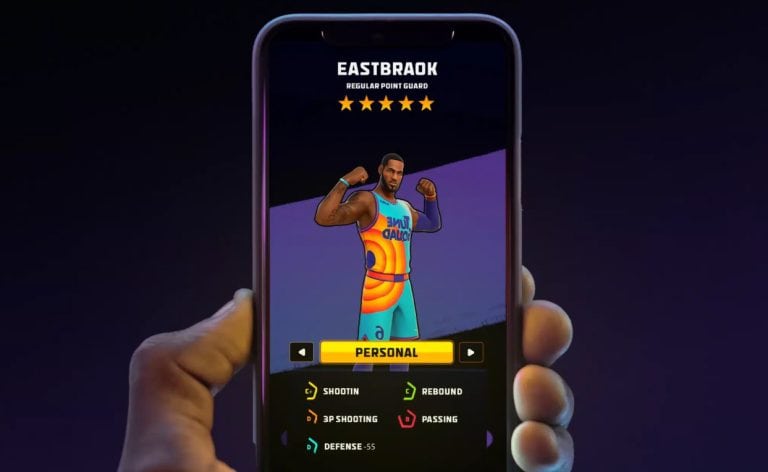 EASTBROAK character selection screen from a mobile game, showing a digital athlete with stats and a colourful outfit, displayed on a smartphone in a dark background.