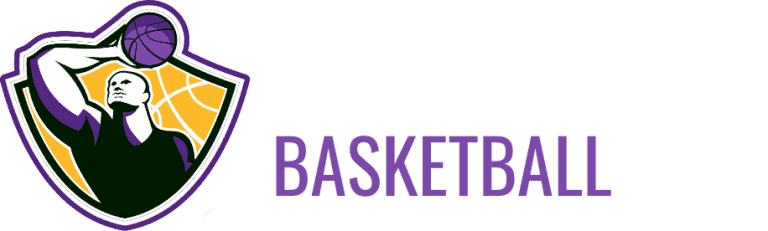 Dunking basketball player silhouette with team logo and web design elements, purple background.