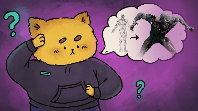 Dog thinking about transforming into a monstrous creature with a skeletal figure and a beastly, armored monster, illustrated in a colourful, cartoon style with a purple background.