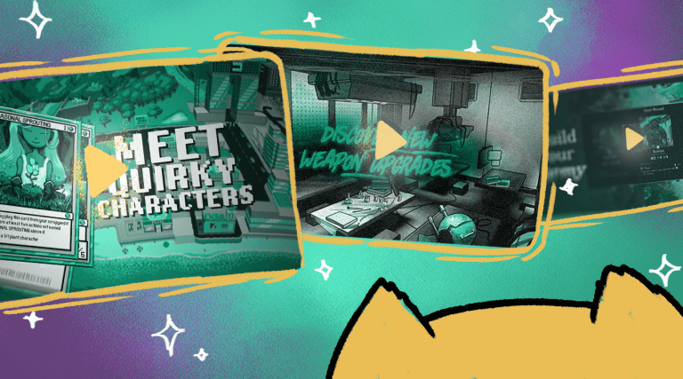 Meet quirky characters card from a digital game, featuring vibrant graphics and text options for game art, trailers, animation, and marketing content by MLC Studio.