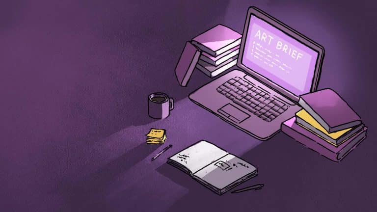 Digital workspace with computer, notebooks, coffee mug, and art brief on screen in purple tones.