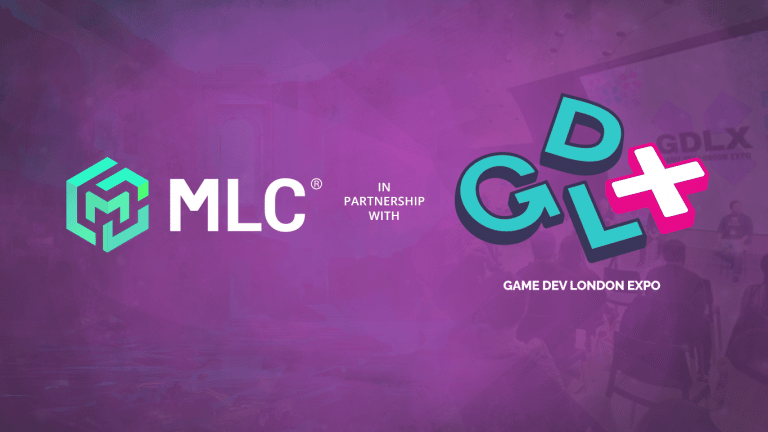3D colourful graphic design featuring the logos of MLC Studio and Game Dev London Expo, with a purple background and semi-transparent images of attendees at the event.