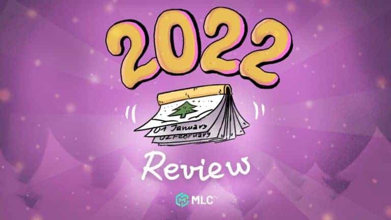 2022 New Year calendar, illustration of a calendar with January and February months, festive background, and "Review" text for year-end summary.
