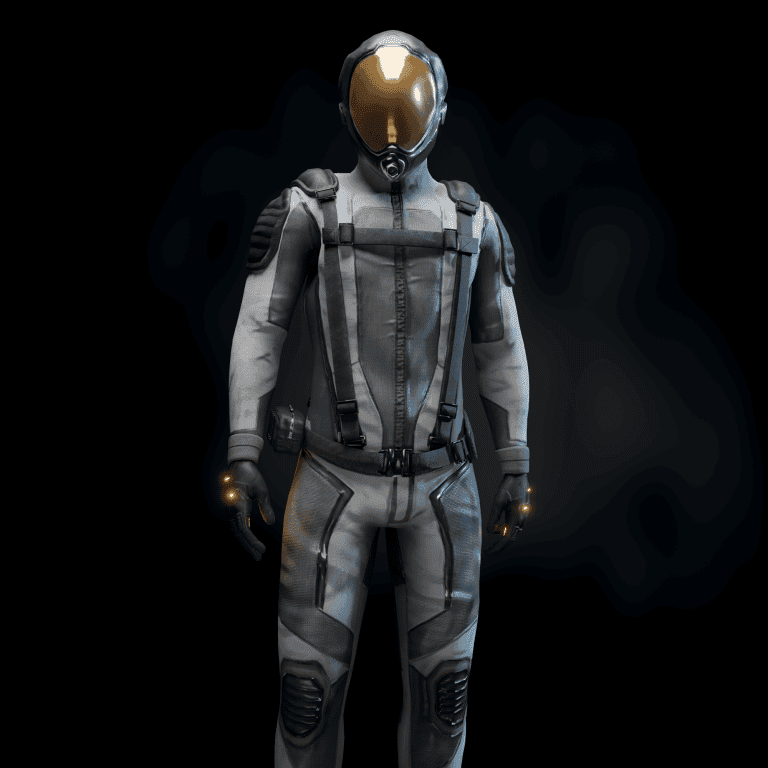 Helmeted astronaut in futuristic space suit standing against a black background.