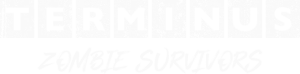Warning sign with distressed black and white grunge style font that reads "The Minibus Zombie Survivors".