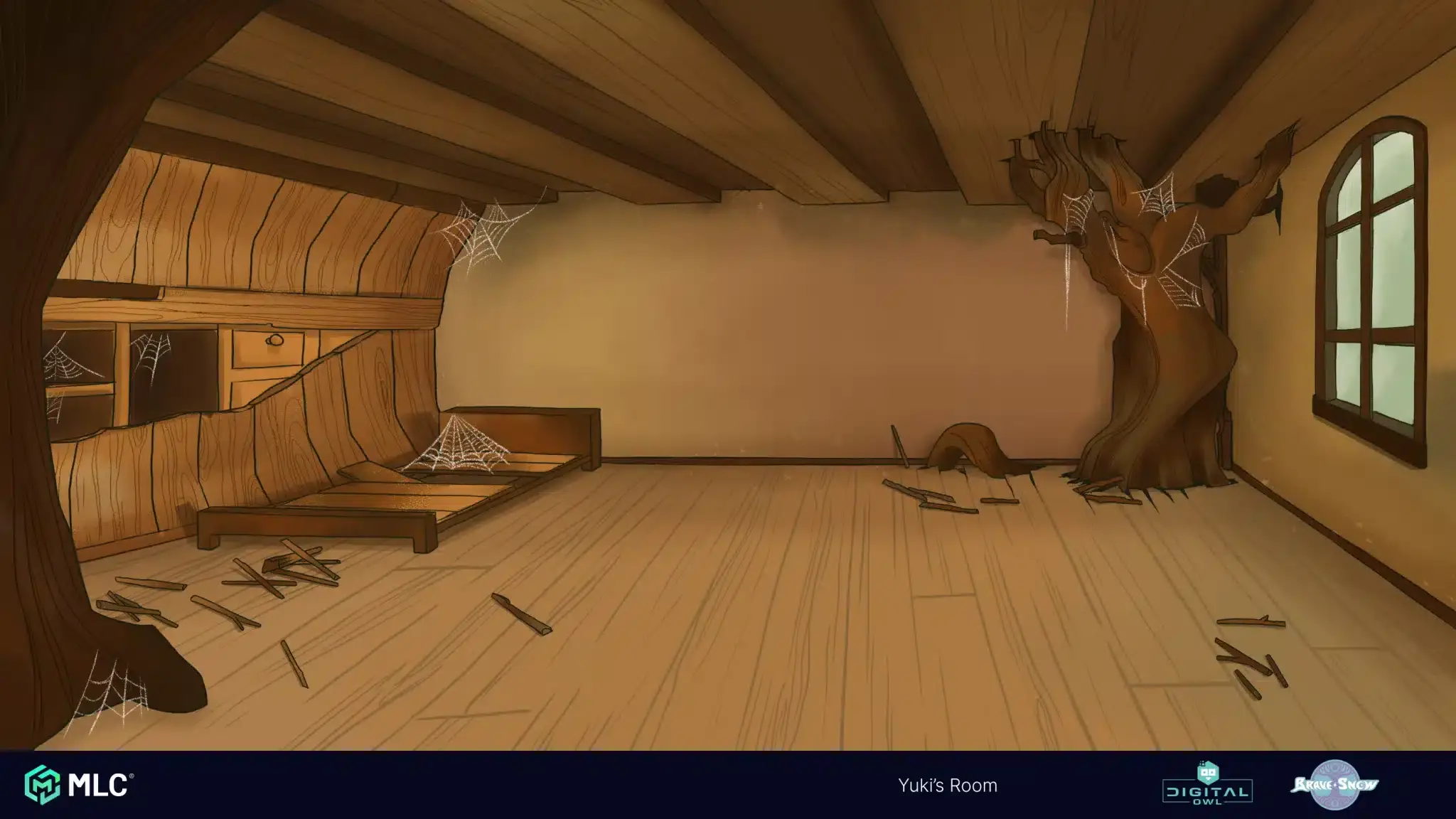 Ragged wooden room with broken furniture, spiderwebs on the beams and walls, a large twisted tree trunk in the corner, and a window with foggy view, illustrated in a game art style.