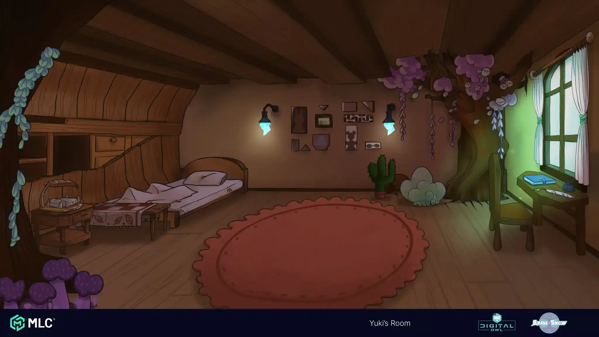 A cozy, whimsical attic bedroom with a wooden ceiling, pink rug, bookshelf, cactus, and decorative wall art, illuminated by warm blue wall sconces, with sunlight filtering through a window with curtains.
