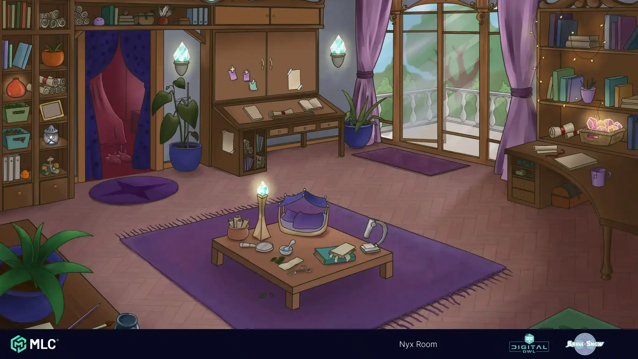 Cozy bedroom with purple accents, bookshelves, large windows with purple curtains, potted plants, and a low table with books, a lamp, and personal items, creating a warm and inviting atmosphere.