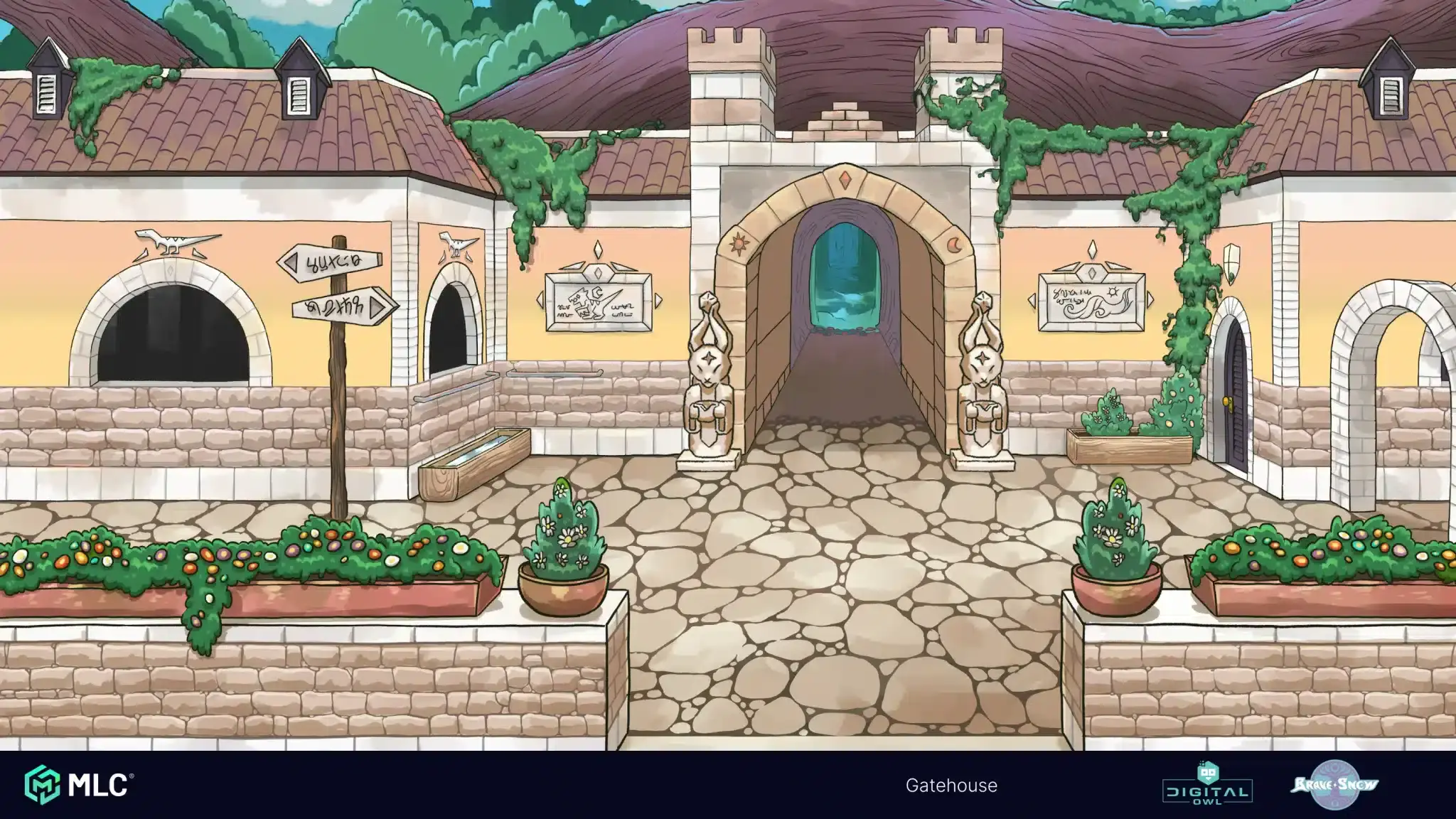 Flower bed with orange and white flowers and surrounding greenery, stone pathway leading to castle entrance, ancient gatehouse with statues, colourful landscape, detailed cartoon style, whimsy, fantasy setting, vibrant colours, detailed illustration, digital art, high quality, fantasy art, game environment, adventure scene.