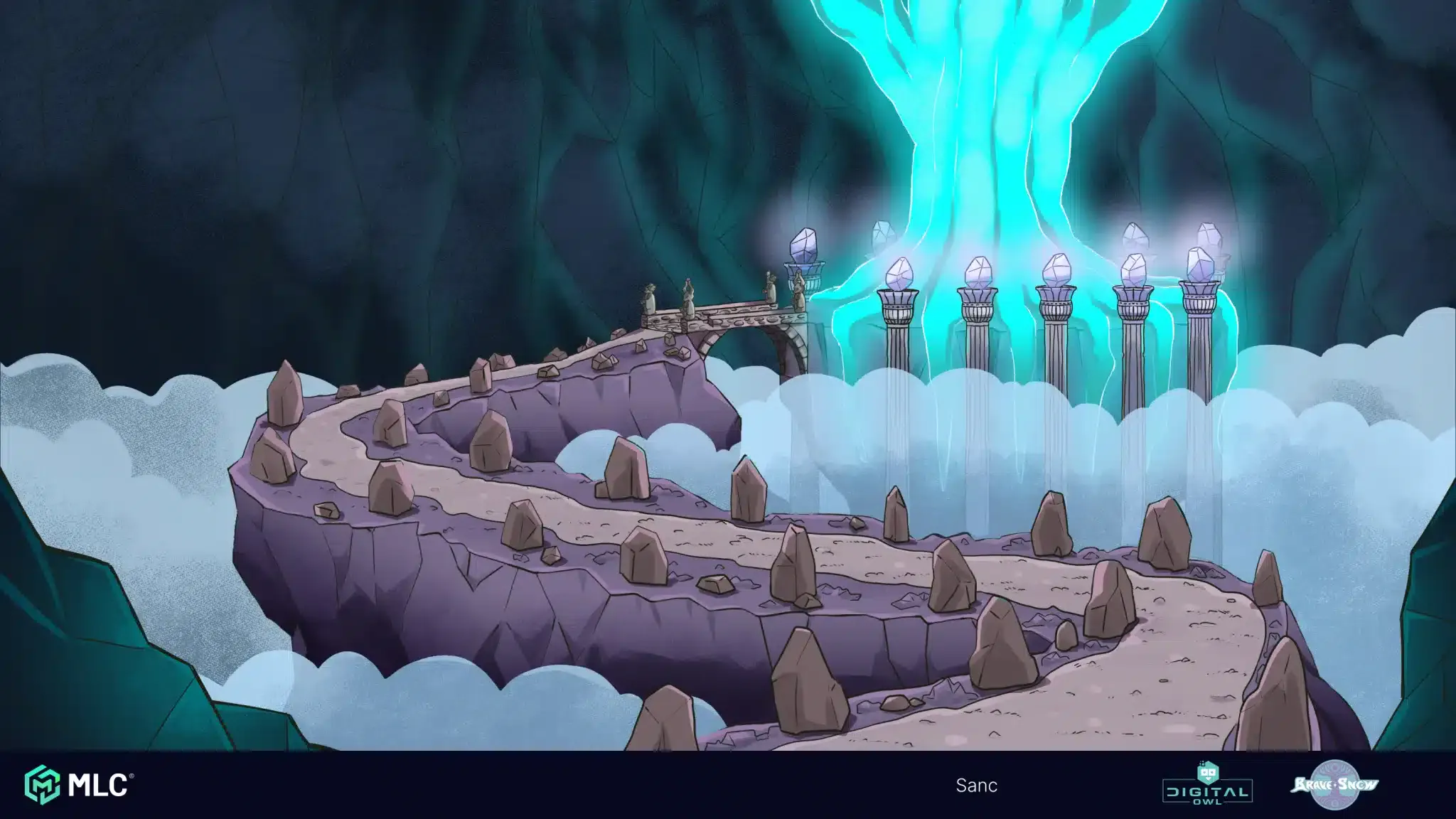 A mystical mountain path leading to a glowing crystal waterfall, surrounded by fog and ancient pillars, set in a fantasy world with vibrant neon colours and mystical lighting effects.