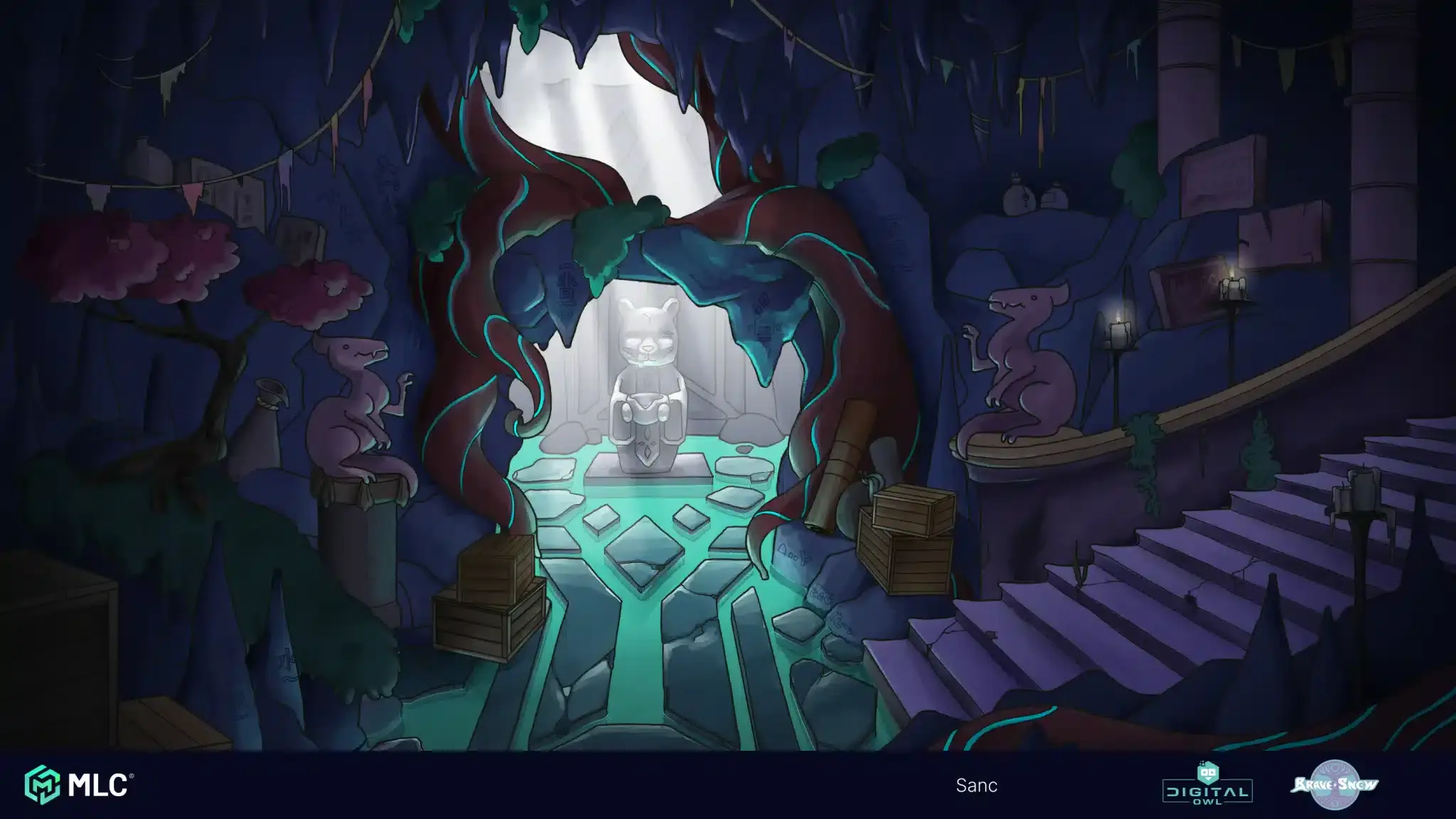 Artistically styled digital illustration of a mysterious underground cavern with glowing water, eerie lighting, and fantasy elements such as dragon statues and ancient carvings for game branding.